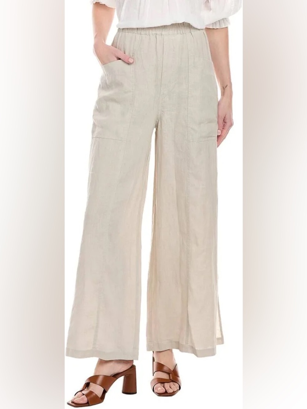 Johnny Was Calme Linen Pull On Pant w Slits Khaki Beige Womens Size L - Picture 5 of 10